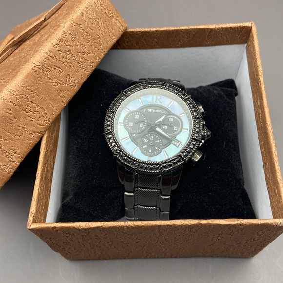 Judith Ripka Stainless Steel Chronograph Textured Watch Black Average - Picture 10 of 11